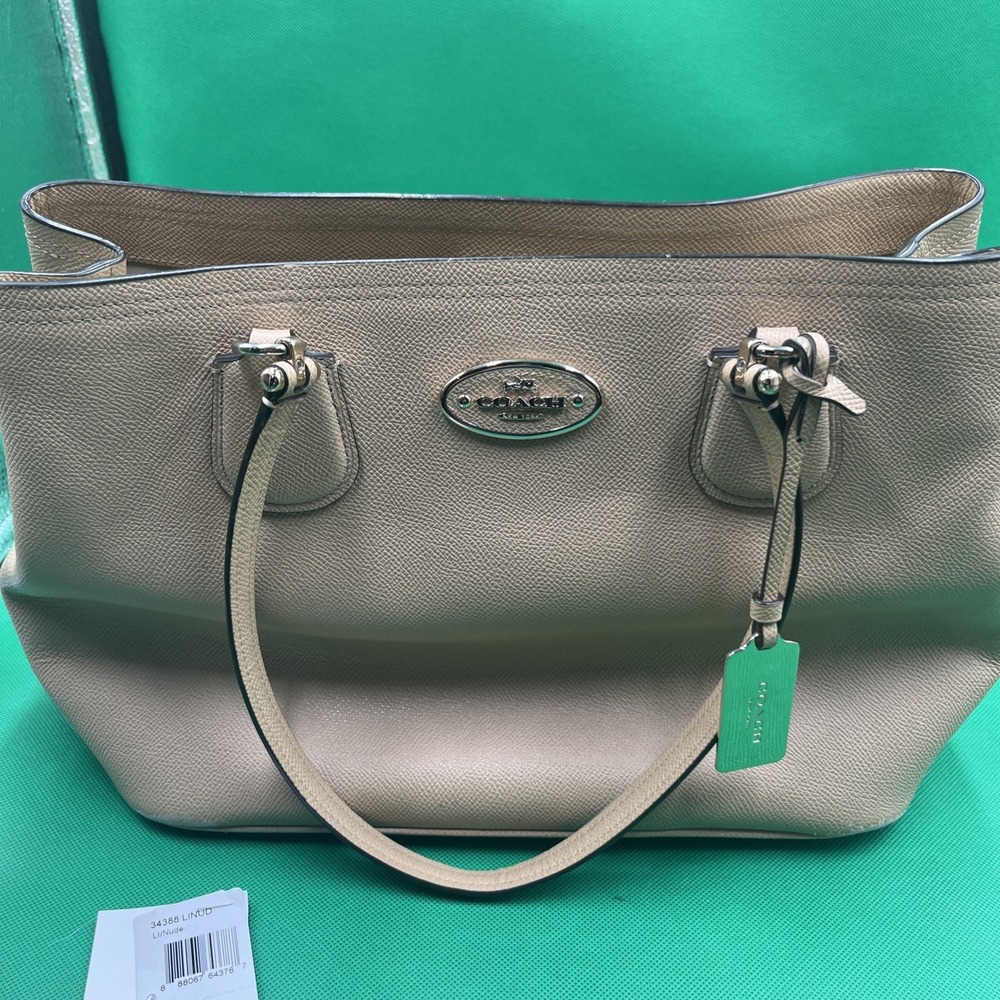 COACH Crossgrain Leather "KITT" Carryall Designer Shoulder Bag in Nude Beige Tan - Picture 1 of 11